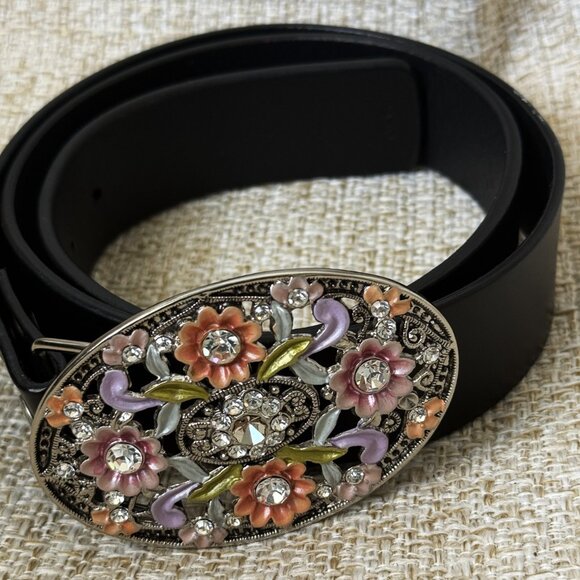 Volcom Large Belt Women's Dark Brown Leather XL Multicolor Floral Enamel Crystal - Picture 2 of 12